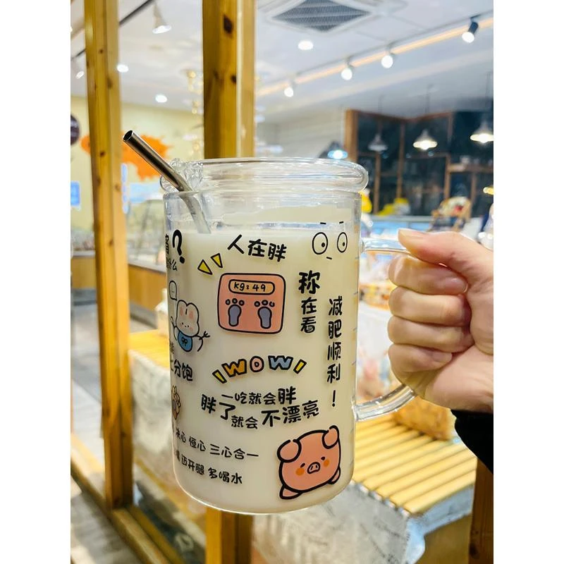 1000ml大容量玻璃杯带把手带盖创意水杯办公室耐高温吸管牛奶杯子