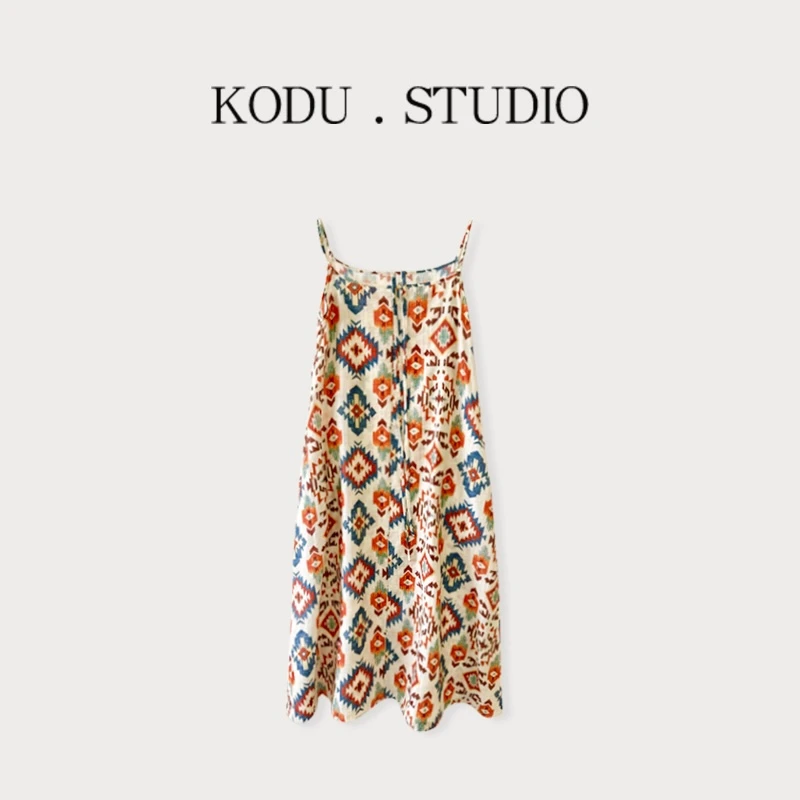 【刻度KODU】HS-5378夏季复古民族风气质宽松几何印花吊带连衣裙