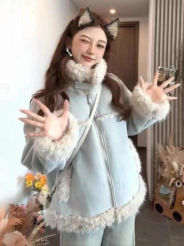 韩版高级感皮毛一体加厚外套女2025秋冬新款宽松小个子麂皮绒外套
