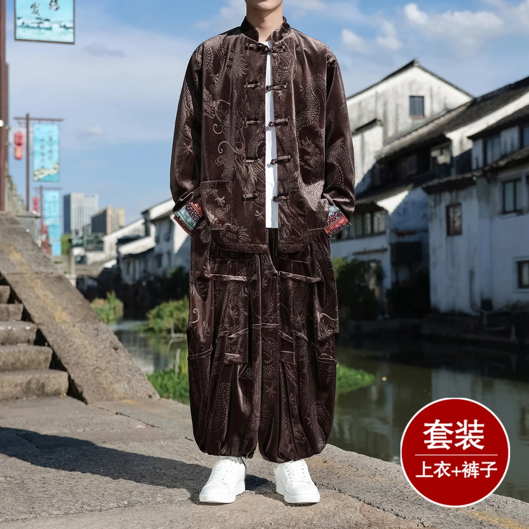 新中式茶服男士立领唐装中国风金丝绒居士服套装宽松高级感灯笼裤