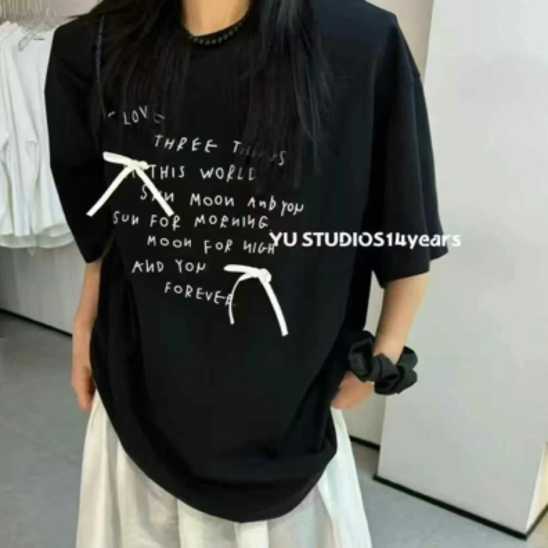 休闲风字母短袖极简风蝴蝶结T恤时尚宽松设计师百搭夏季