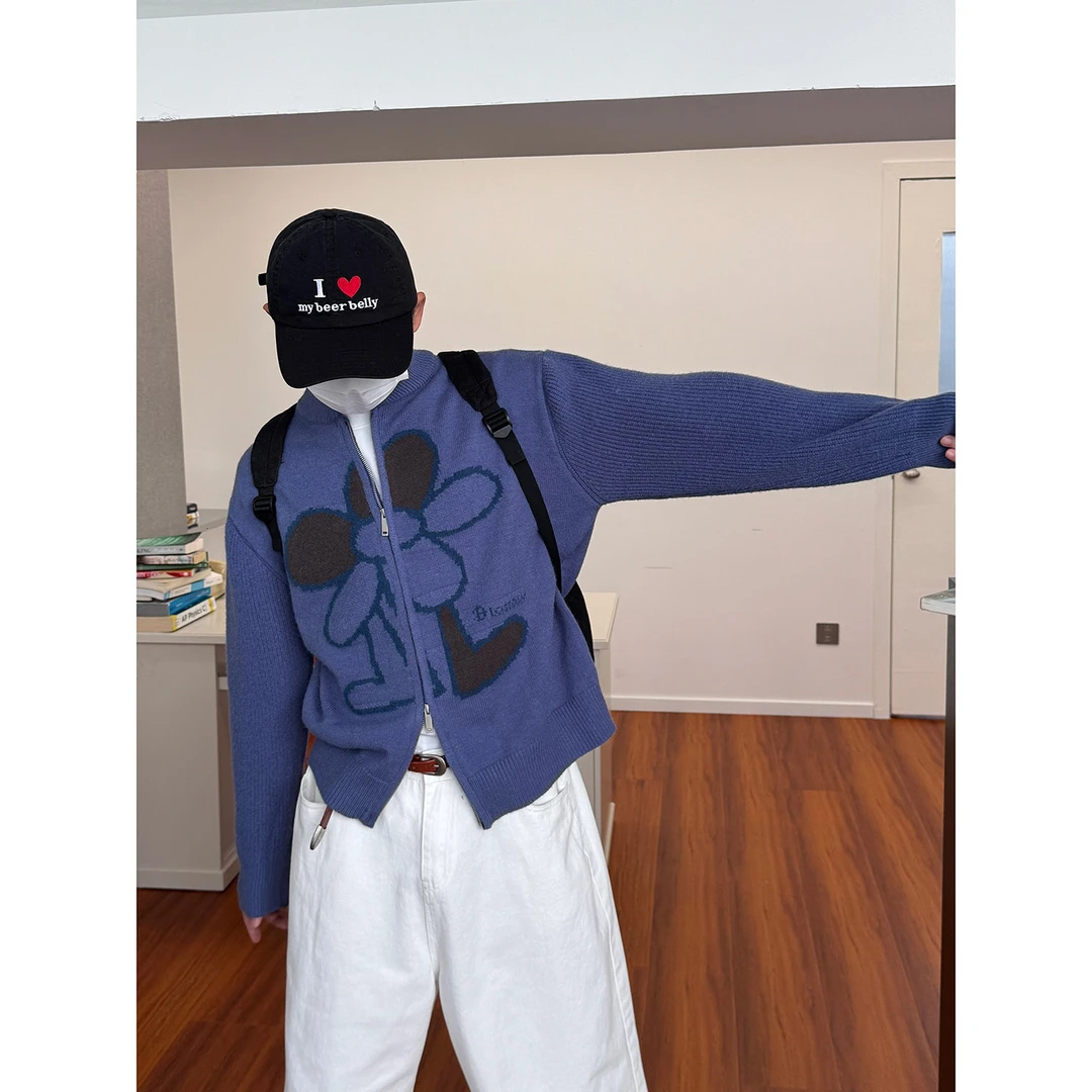 19studio WAYNEPRINCE 美式复古全拉链开衫毛衣休闲卡通圆领上衣