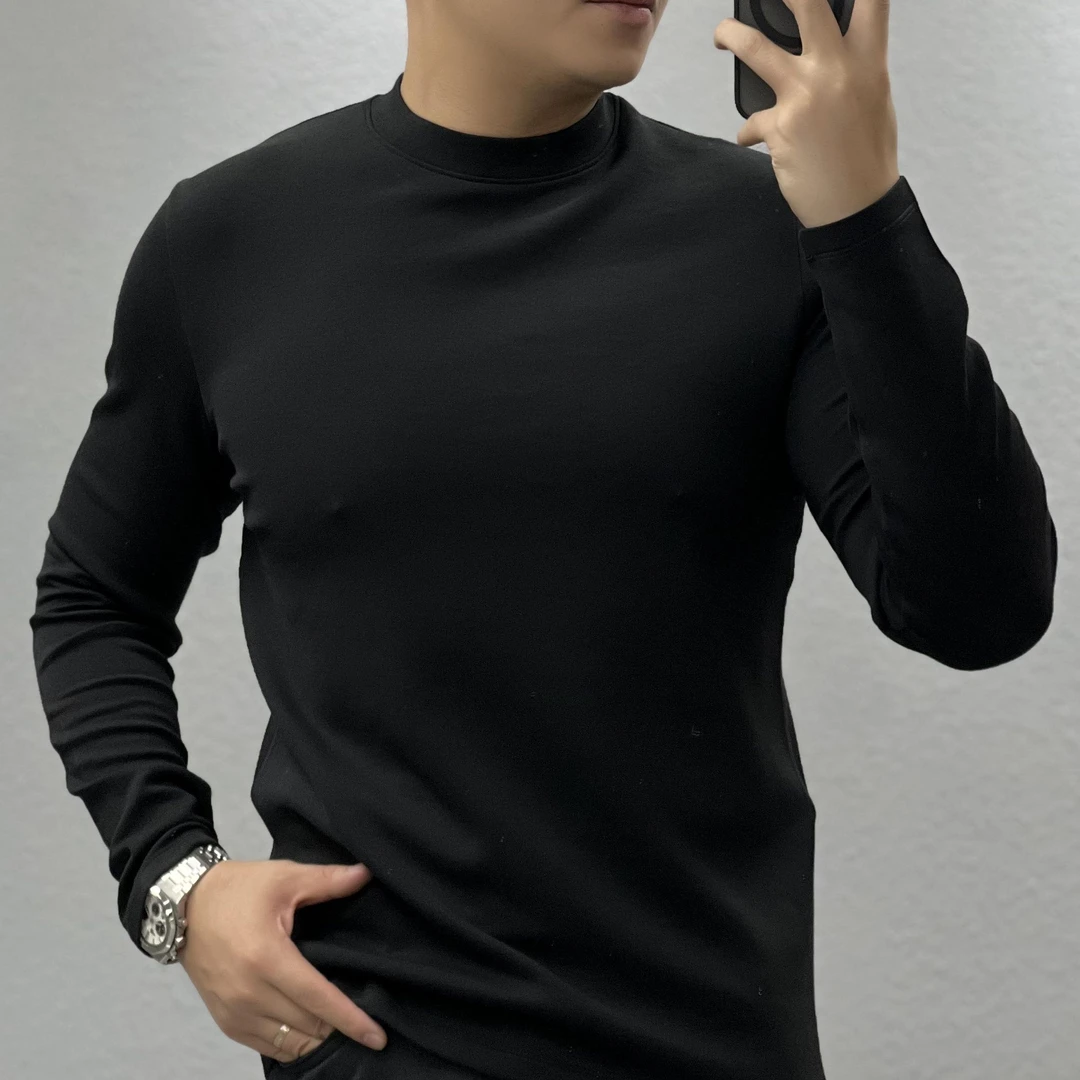 男士针梭织拼接圆领长袖打底T恤 QF90