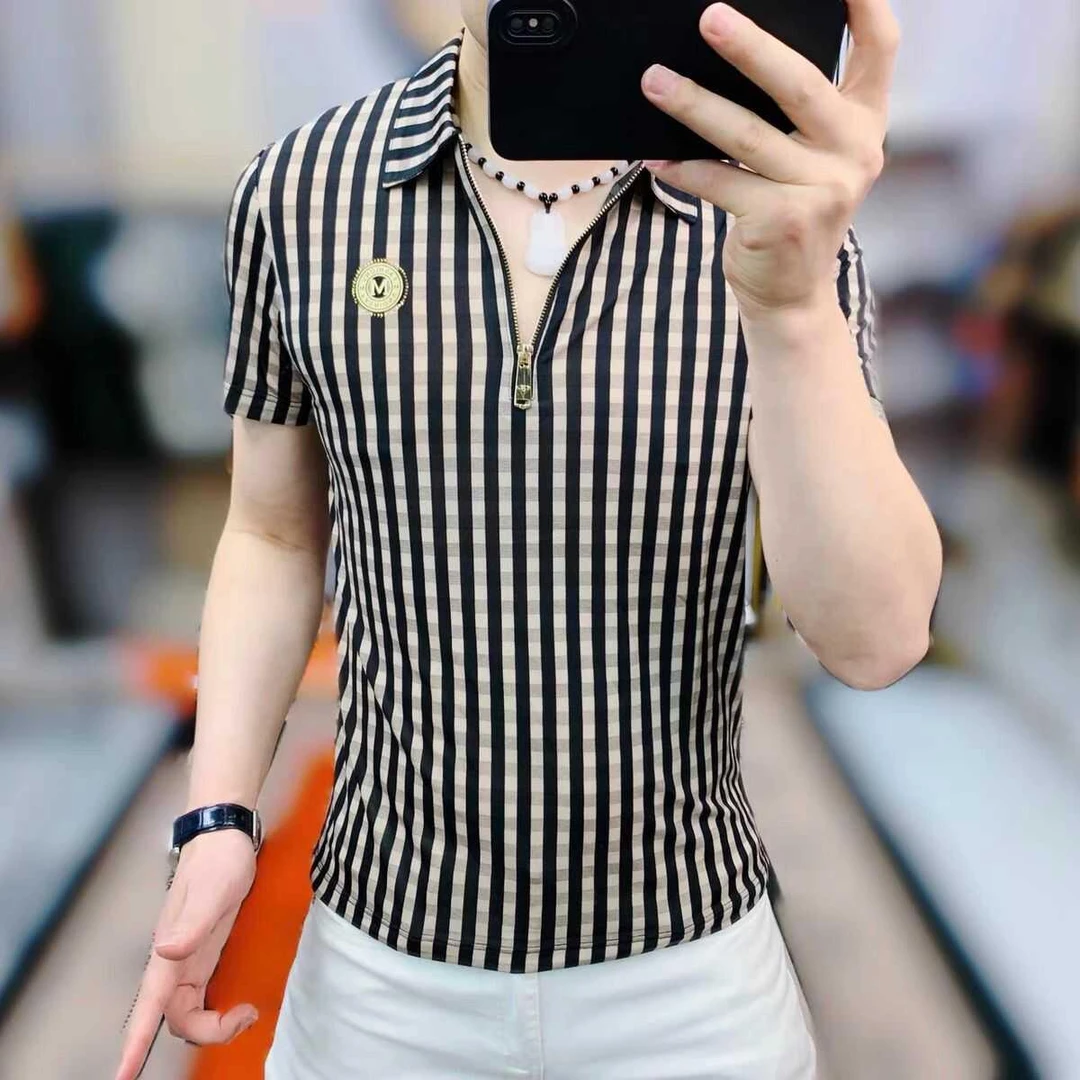 欧货夏季冰丝短袖T恤男翻领条纹POLO衫轻奢半拉链凉感时尚空调衣