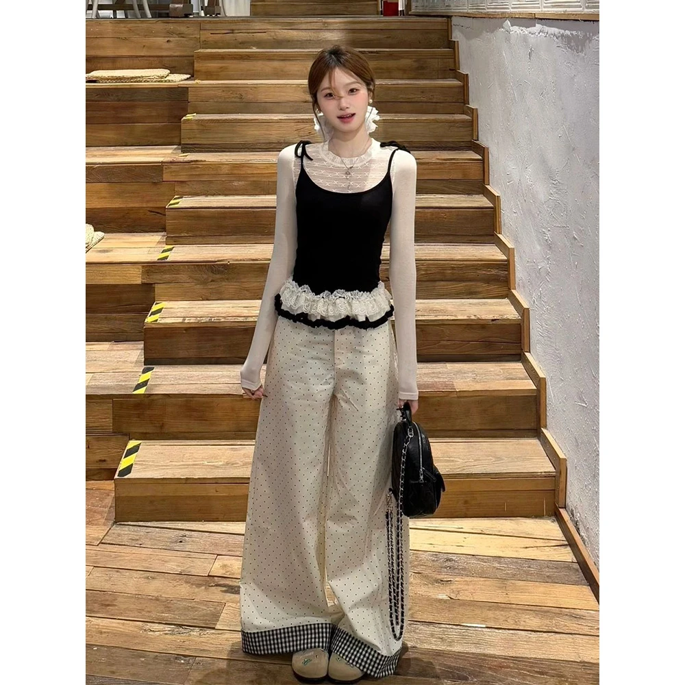 韩系ins小香风荷叶花边假两件长袖T恤女春秋季撞色拼接吊带上衣潮
