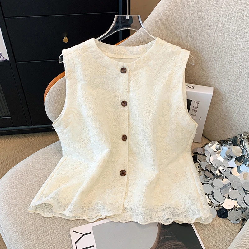 圆领小香风提花无袖蕾丝衫女2025夏季新款单排扣开衫马甲显瘦上衣