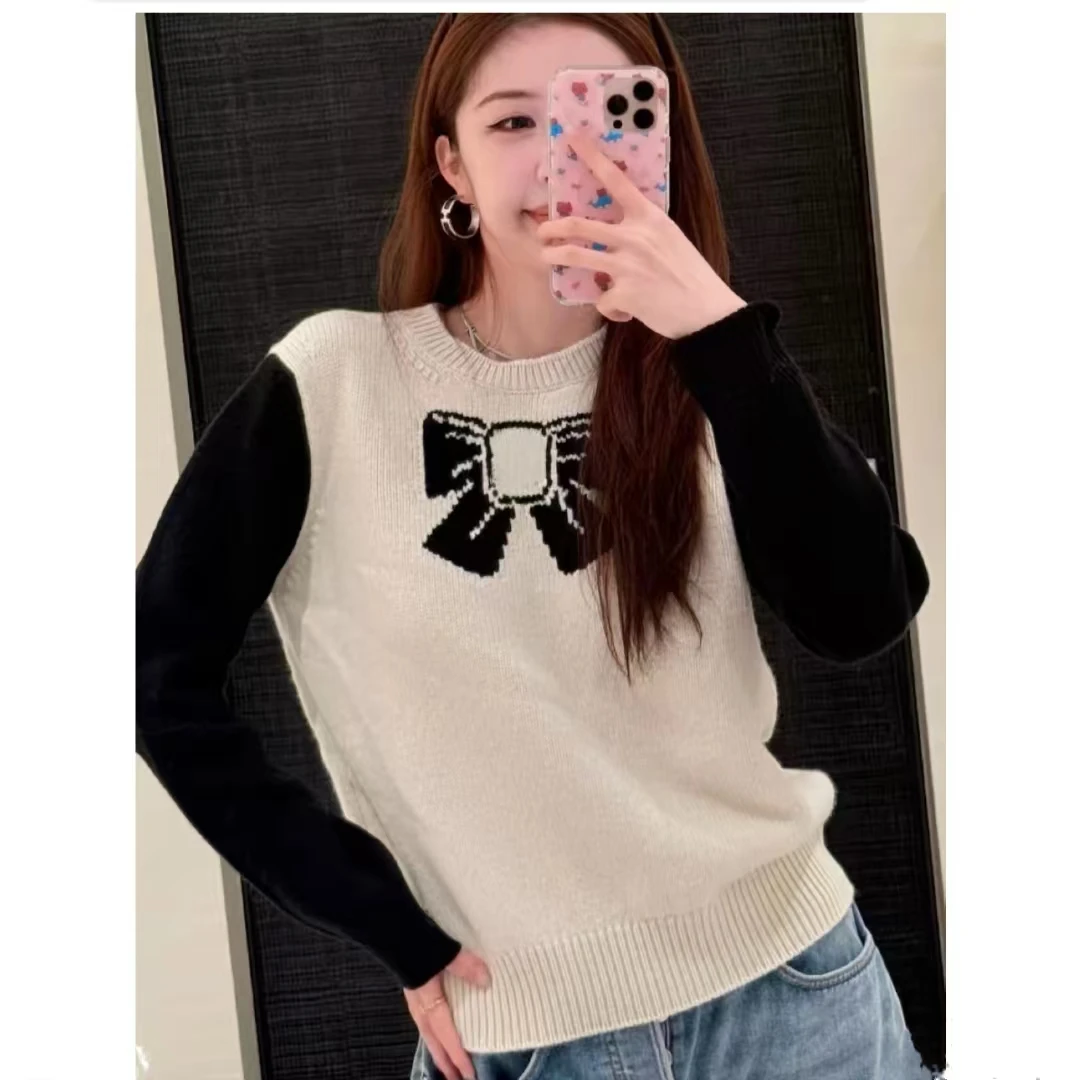 1050# 少女心蝴蝶结针织 黑白撞色毛衣