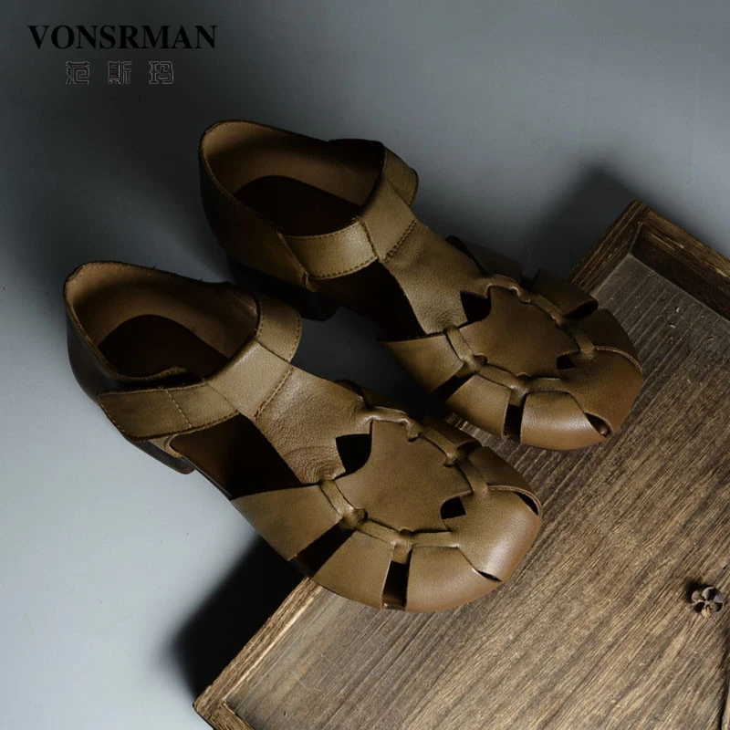 原创文艺擦色罗马凉鞋女夏头层牛皮魔术贴猪笼鞋手工编织镂空凉鞋