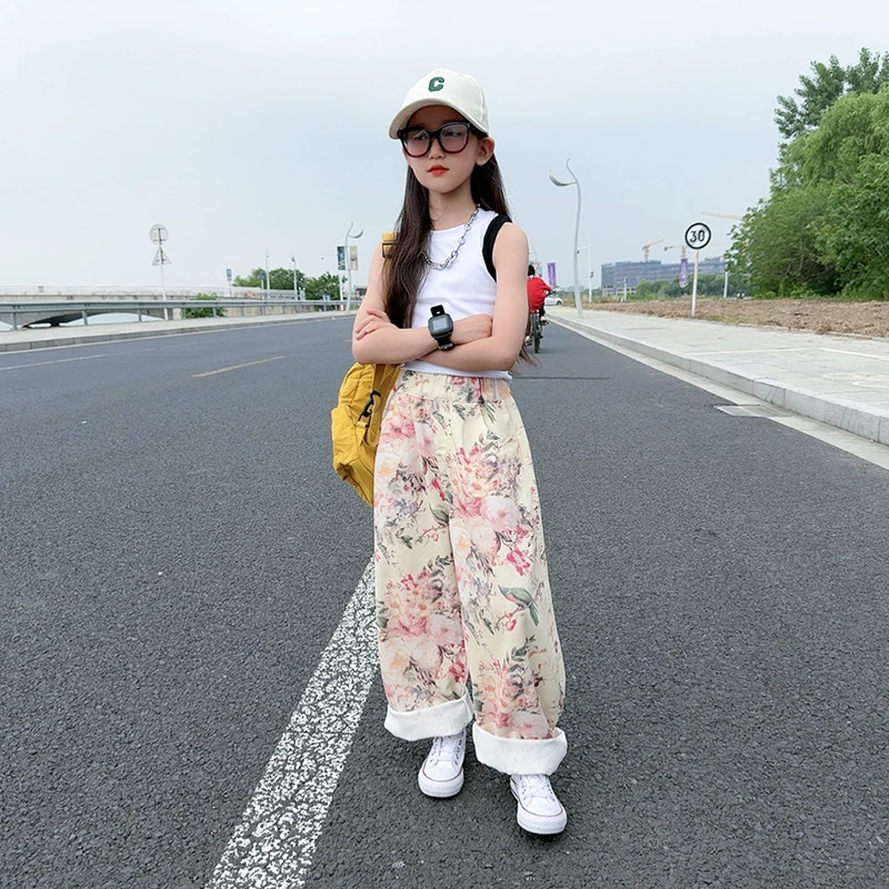 女童裤子2025夏季儿童露腰背心洋气百搭碎花弯刀裤休闲韩版夏装