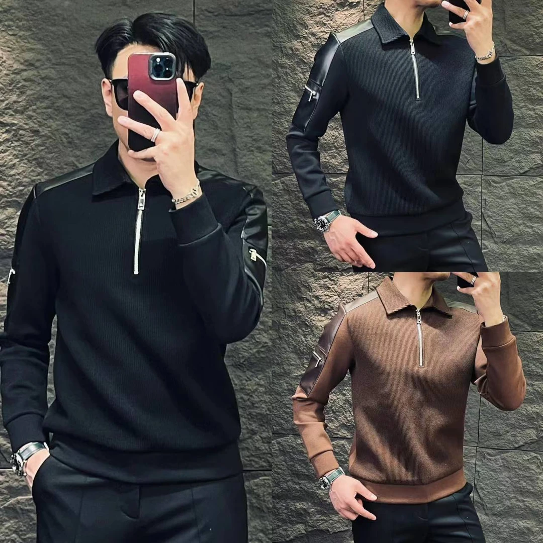 K71001轻奢高品欧货男士百搭时尚休闲立领拼皮针织卫衣