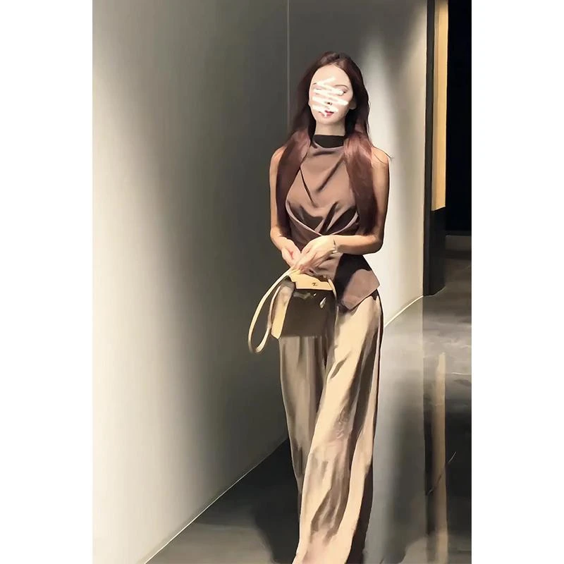 INS CEC2025夏季韩系穿搭收腰设计感无袖上衣气质高腰显瘦阔腿裤