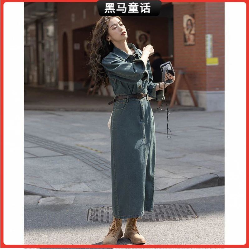 12025气质复古蓝牛仔连衣裙新款春秋款韩版收腰显瘦小个子开叉裙I