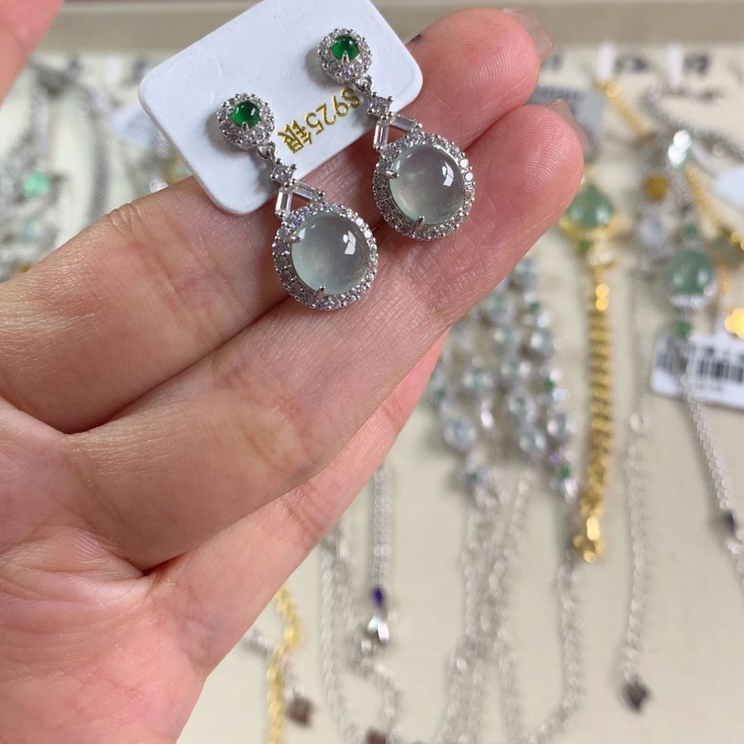 翡翠银S925镶嵌戒指耳钉