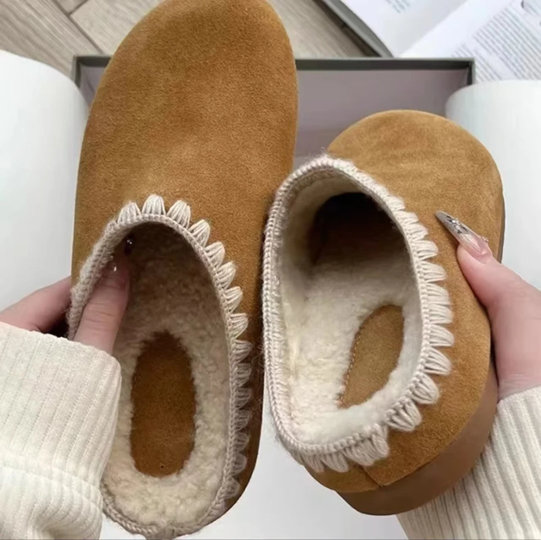 拖鞋女勃肯2024冬新款厚底小众外穿包头毛毛轻便加绒休闲保暖半拖