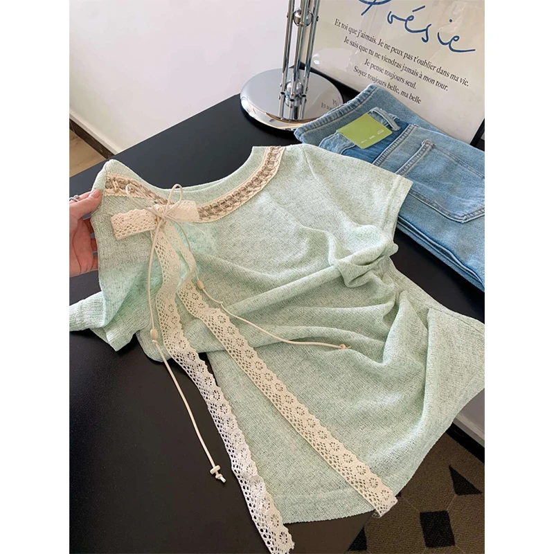 2025温柔风洋气浅绿色蕾丝蝴蝶结上衣女装夏季新款设计感短袖T恤