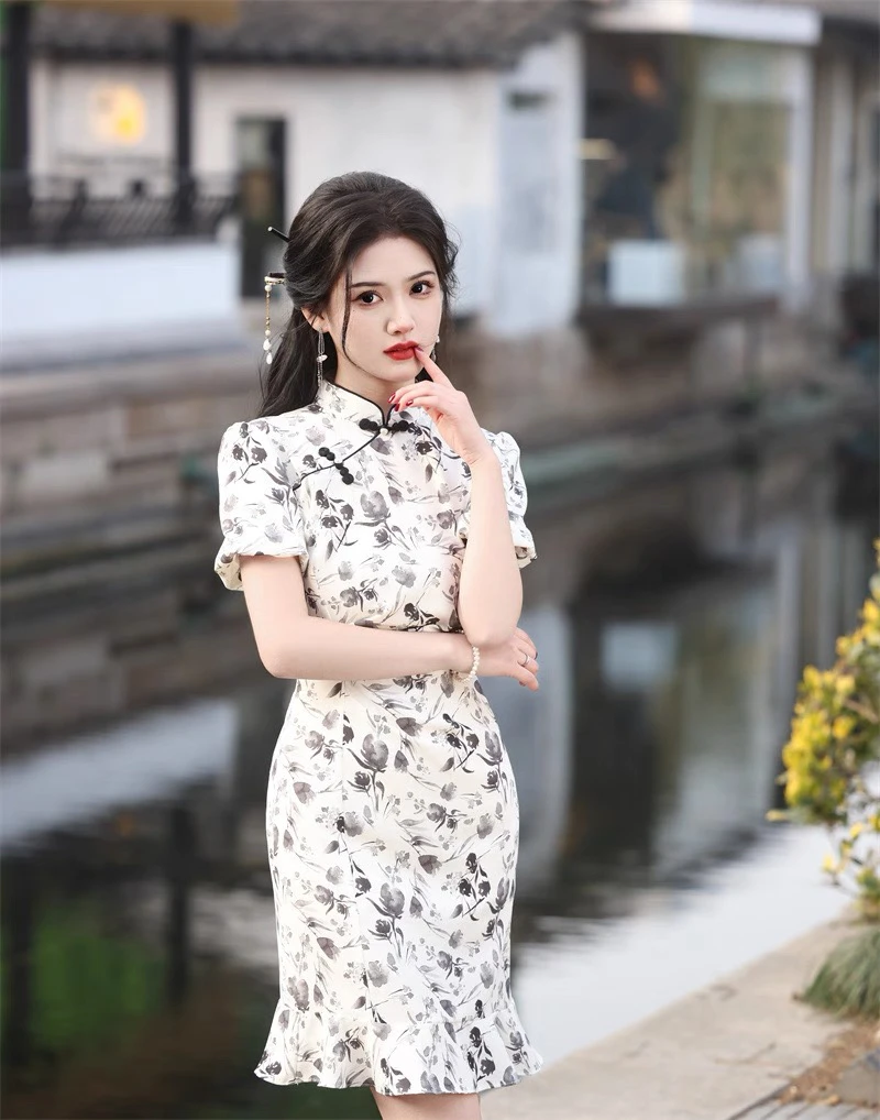 【2568 溪月 水墨花】显瘦气质修身优雅复古中国风旗袍
