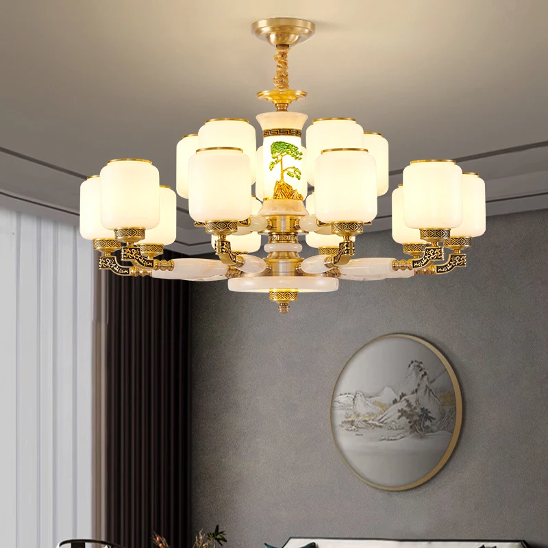 新中式全铜玉石吊灯中国风客厅餐厅卧室复式挑空多层中式灯大吊灯