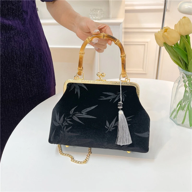 【丝绒竹叶】新中式国风旗袍马面裙穿搭旗袍提花手提单肩斜挎包A642