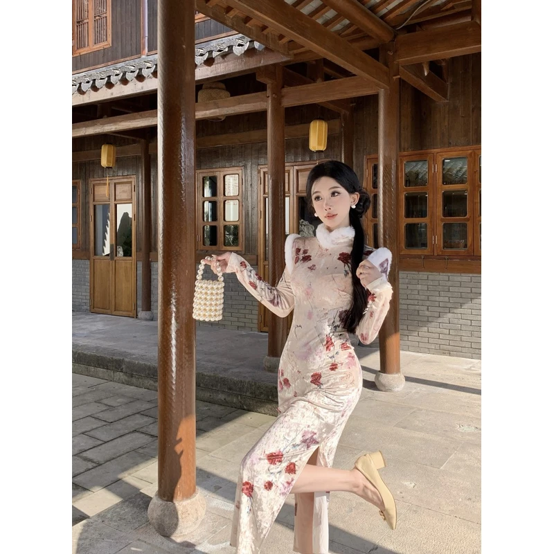 复古中国风花色丝绒修身旗袍裙女秋冬收腰显瘦长袖毛领包臀连衣裙