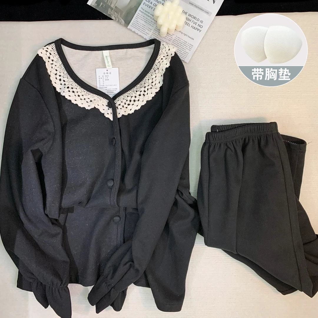 睡衣女款春秋季带胸垫一体2025新款冬高级感黑色长袖双面德绒套装