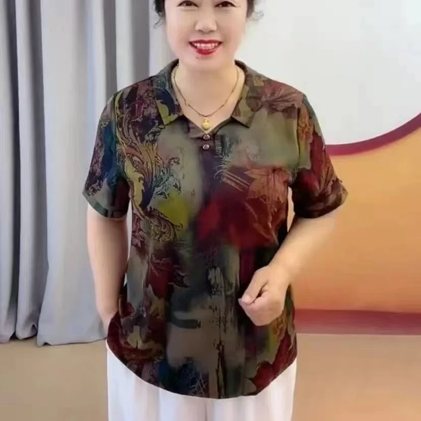 夏季新款中年妈妈加肥加大时尚宽松小翻领气质墨染枫叶减龄小上衣