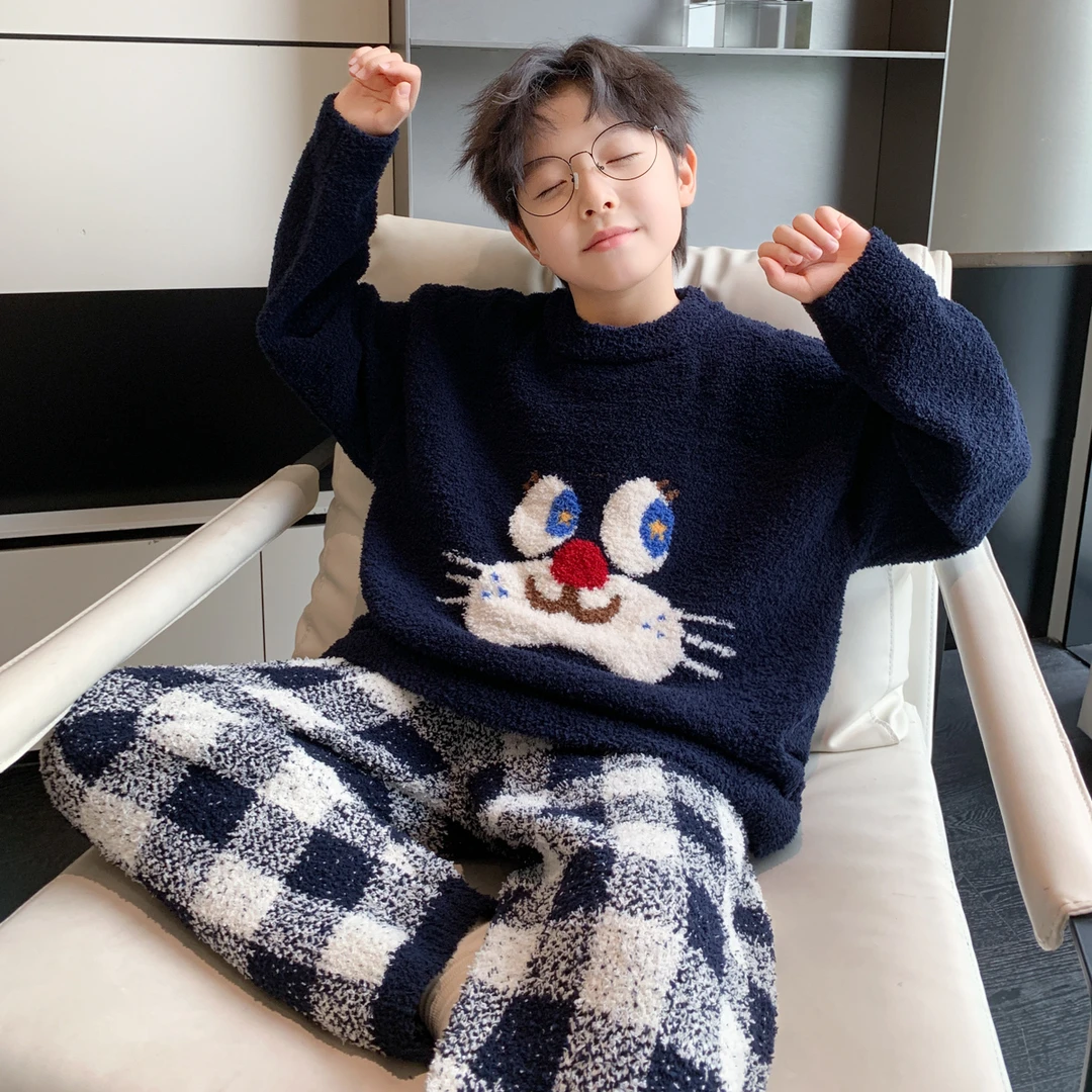 男童珊瑚绒睡衣冬季2025新款中大童秋冬款男孩儿童加绒加厚家居服
