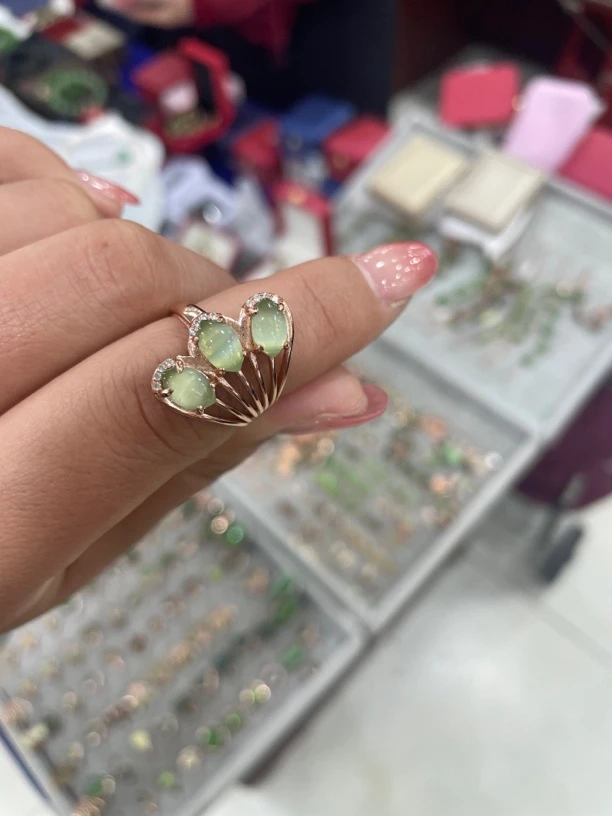 纯天然和田玉猫眼戒圈银托镶嵌