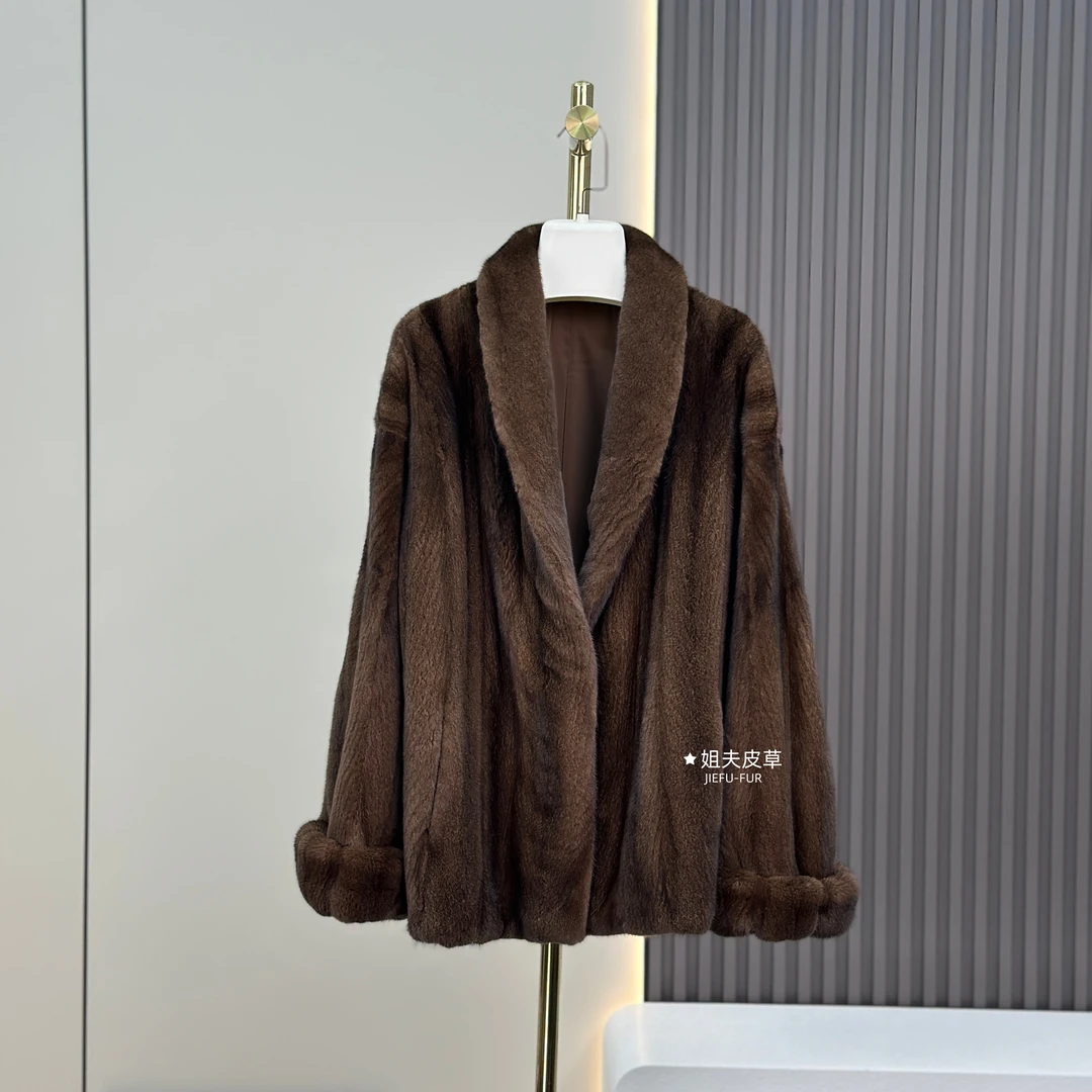 2025年女士机开南瓜袖青果领天鹅绒短二貂皮皮草外套34541