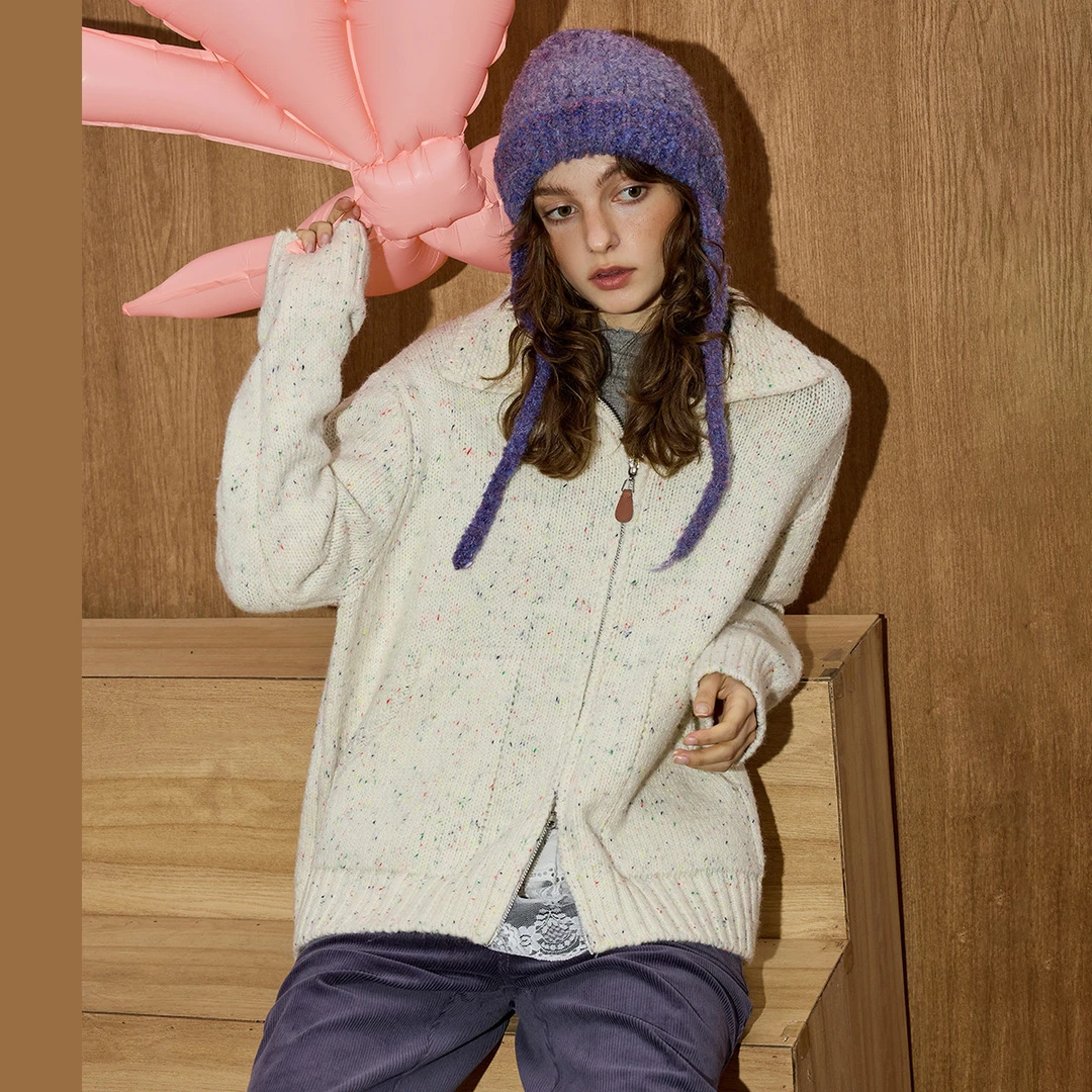 【马琦尧专属】复古杂色翻领慵懒感双拉链亮片女针织开衫CSCZ0368