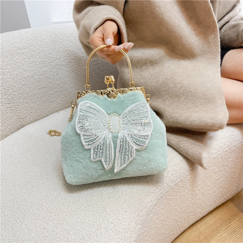 【精灵之翼果绿】仙女系高颜值毛绒包手提单肩斜挎蝴蝶结口金包A016