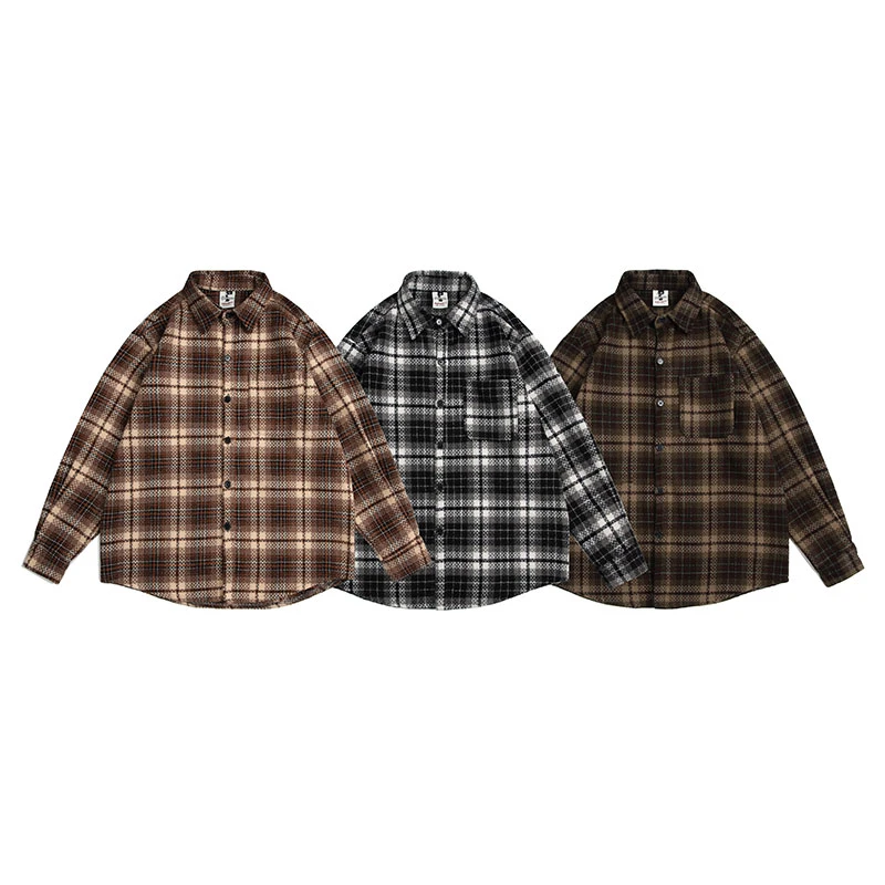 春秋衬衫不缩水长袖复古格子衬衫潮流上衣宽松休闲日系外套
