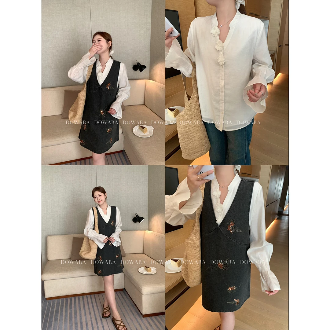 现货大婉酱微胖定制V领刺绣背心牛仔连衣裙套装文艺提花衬衫7858D