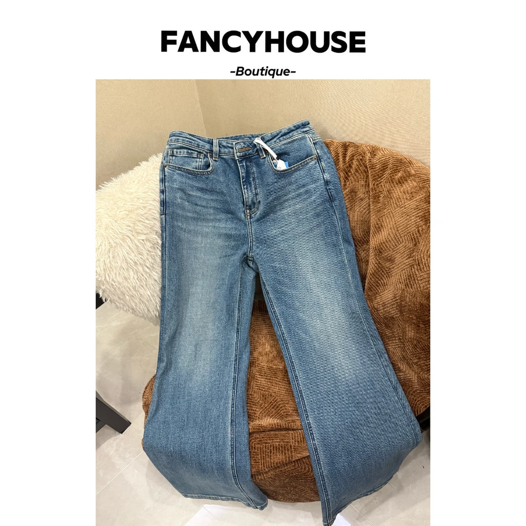 FANCY【暖冬风尚】加绒微弹高腰直筒喇叭时尚外穿牛仔zs91054