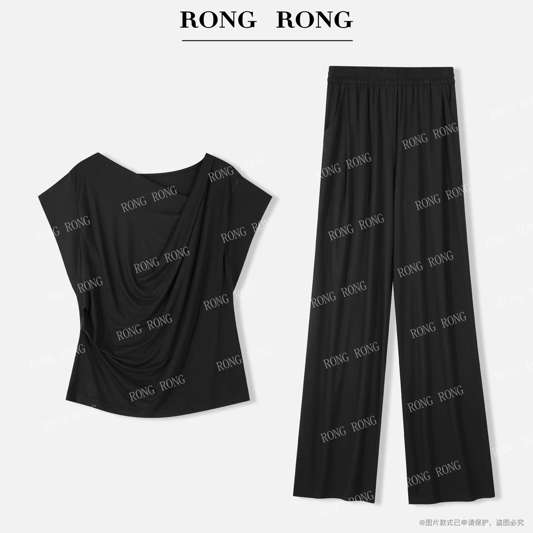 溶溶【曼哈顿夜】RONGRONG 醋酸莫代尔斜侧扭褶垂坠感套装W-B0021