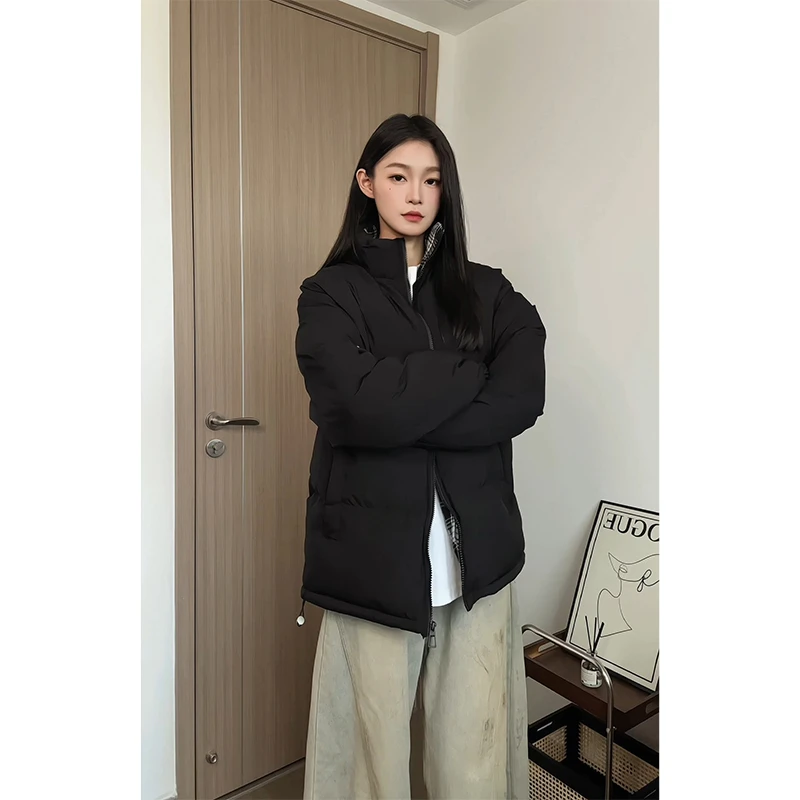 复古格子拼接棉服男款冬季不臃肿立领显瘦面包服夹棉加厚棉衣外套