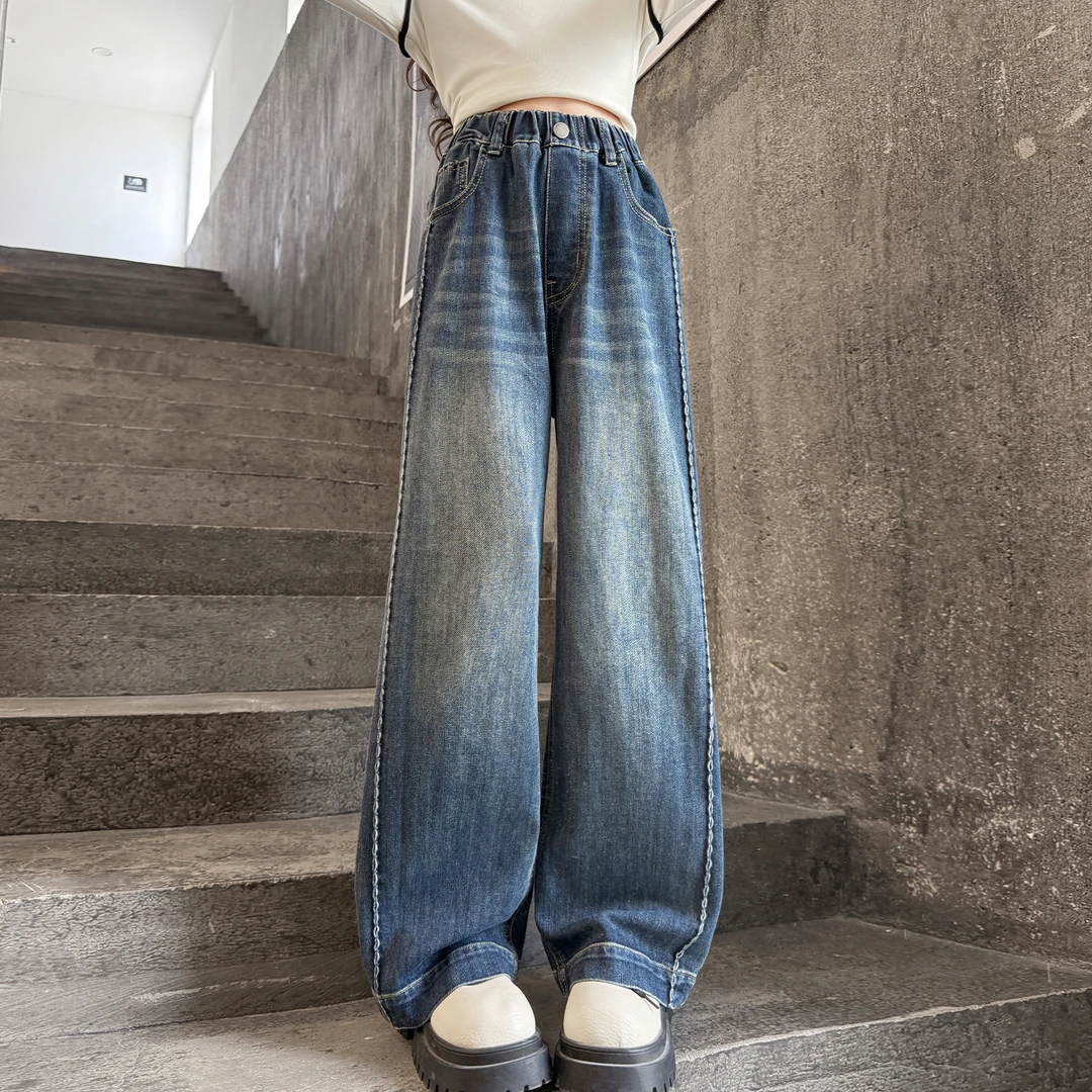 女童牛仔裤春秋款2025新款儿童阔腿裤女孩长裤初中生大童女装裤子