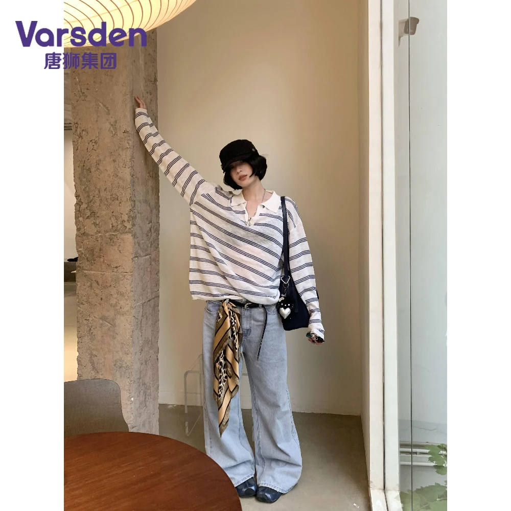 唐狮集团Varsden撞色条纹复古美式秋季长袖T恤学院风情侣款上衣潮