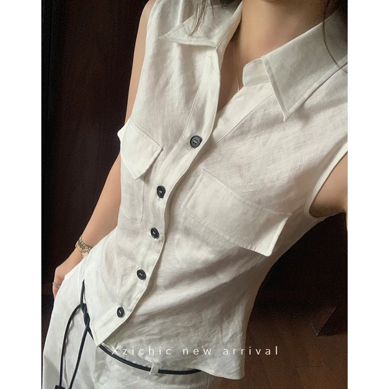 Xzichic松弛老钱100亚麻马甲V领无袖衬衫女2025新款夏季背心上衣