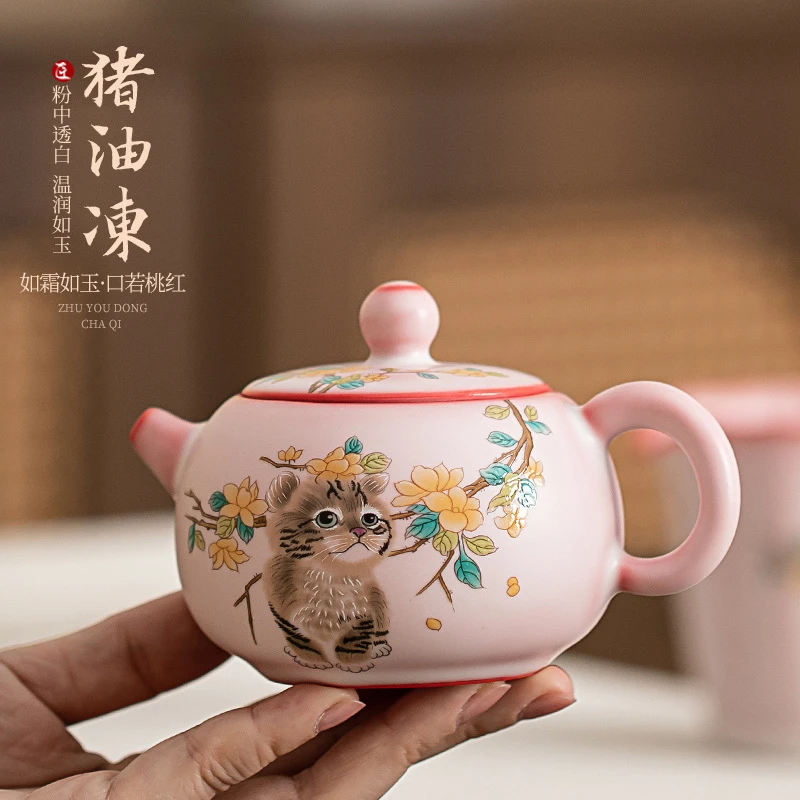 粉色汝窑猫咪西施壶单个大号家用陶瓷功夫茶具泡茶壶单壶泡茶器