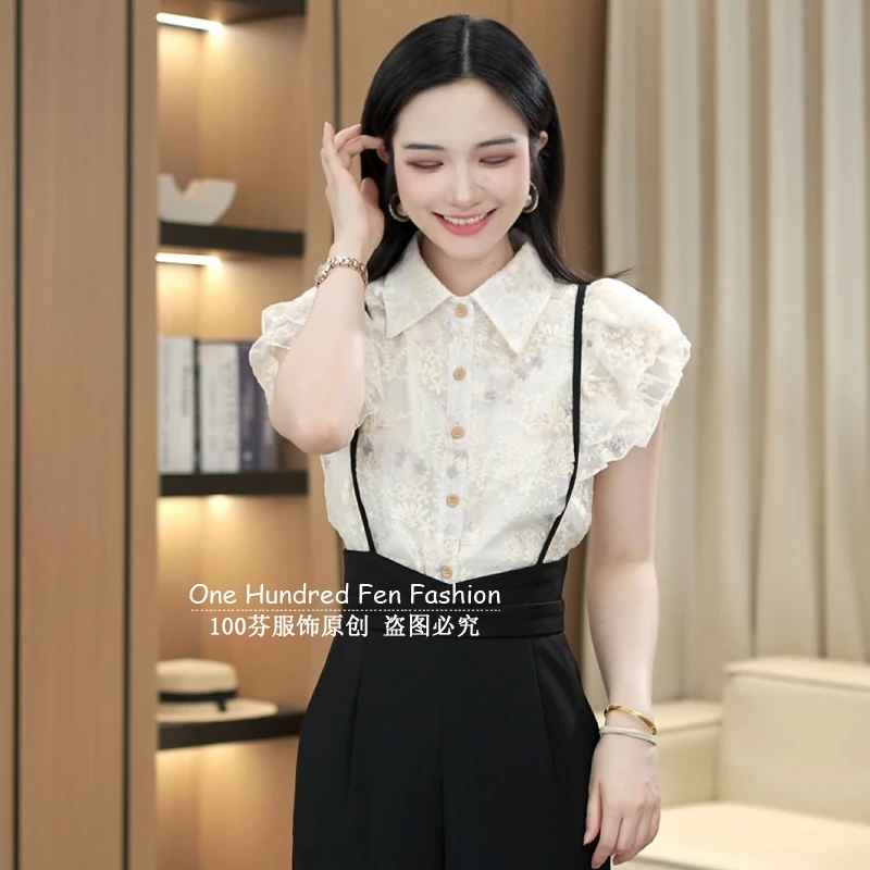 刺绣衬衫女夏款2025新款夏季衬衣时尚气质简约甜美显瘦小飞袖上衣