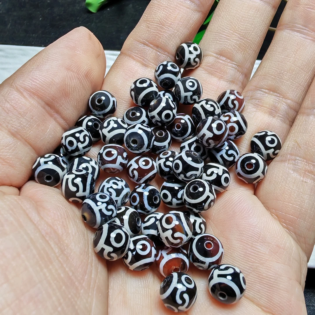 8毫米左右黑白三眼莲师蚀花镶蚀工艺条纹玛瑙简约时尚