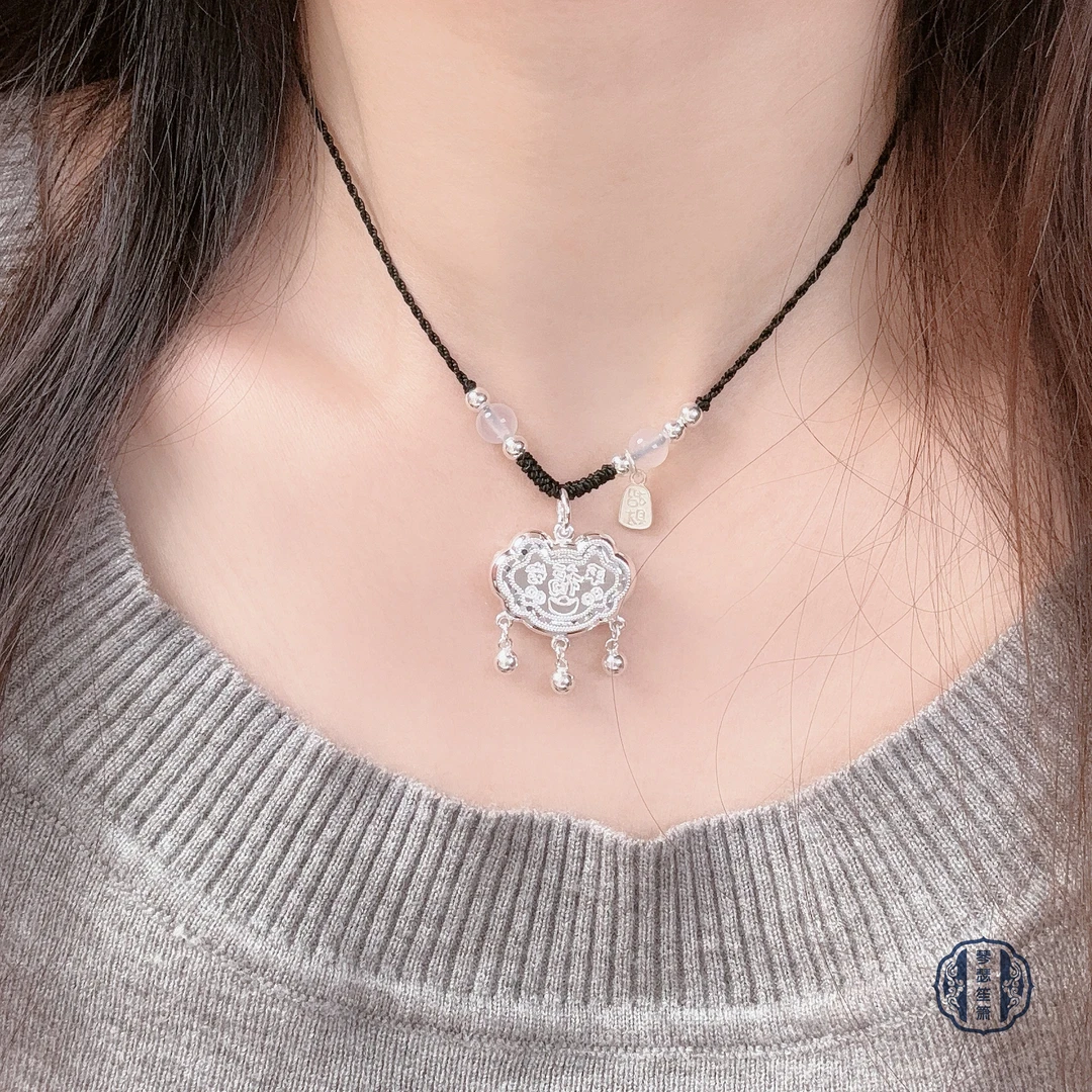 吊坠足银 足银9999CNC工艺5克左右福字平安锁吊坠编绳项链锁骨链