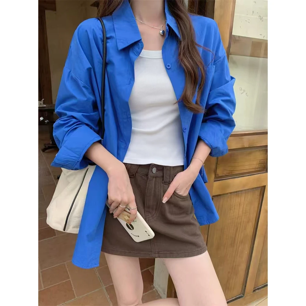 克莱因蓝色衬衫外套女秋季慵懒风外搭衬衣开衫法式上衣