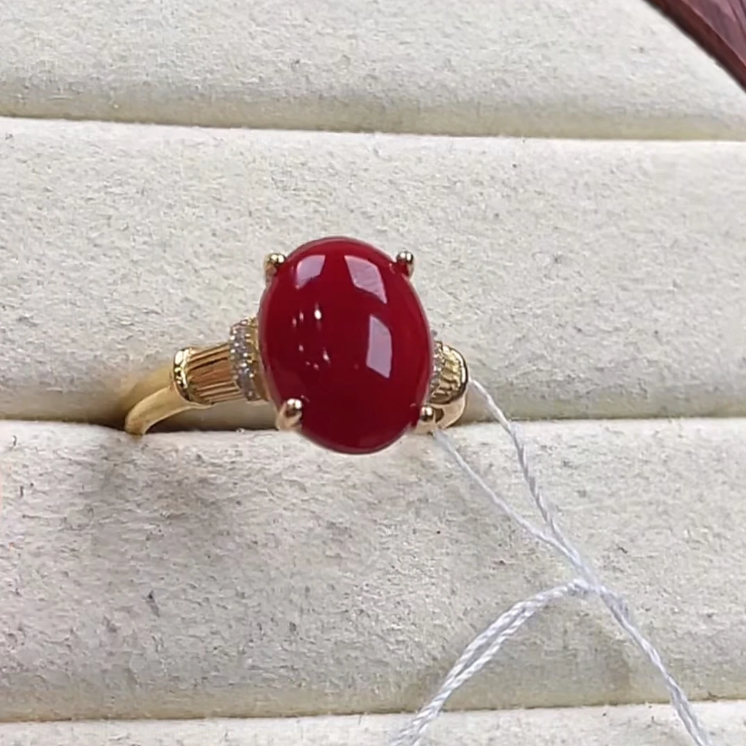 天然红珊瑚阿卡925银戒指