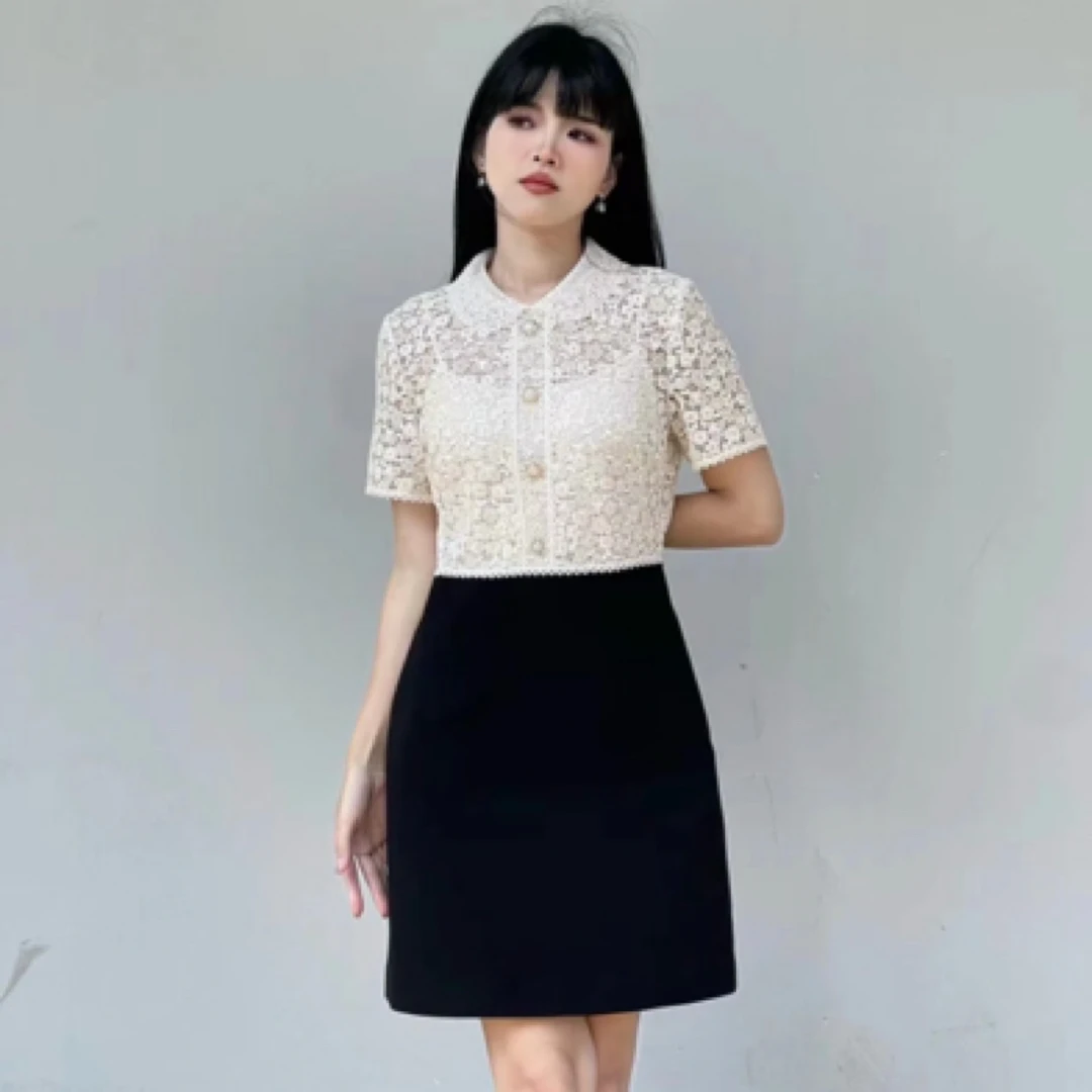 99新 MIU MIU/缪缪 A100817/蕾丝珍珠连衣裙/40码