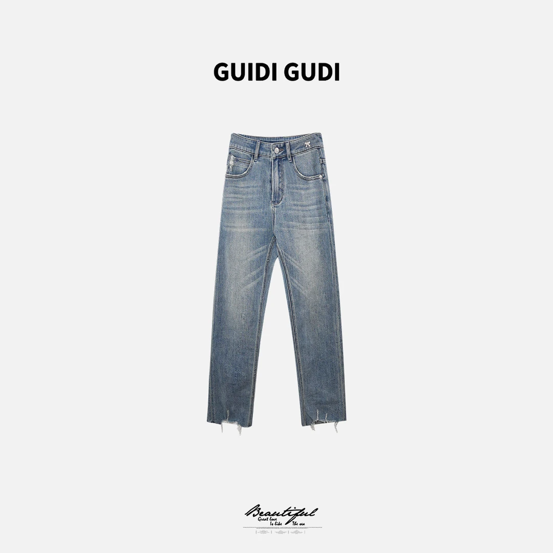 GUIDI GUDI【蝴蝶缘】黄加蓝重工水洗磨破牛仔裤 K9520225H