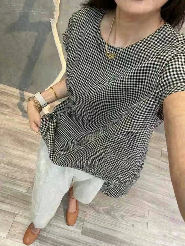 格子短袖衬衫女色织棉麻夏季2025新款圆领休闲通勤套头格子上衣女