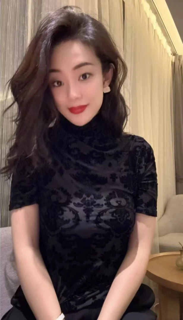 大码女装—6009时尚高领打底衫女内搭短袖t恤洋气小衫蕾丝上衣