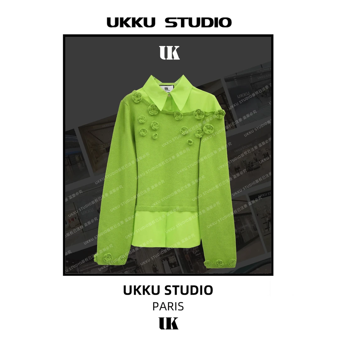 沐【UKKUSKUDIO】网红气质修身时尚显白百搭拼接假两件衬衫312769