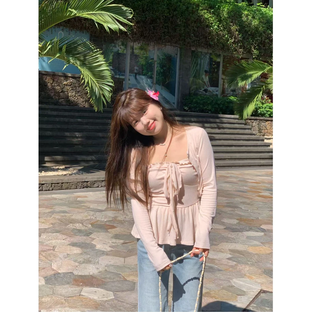 米米子“橘子白桃”凉感针织开衫抹胸两件套时尚气质夏季新款套装女